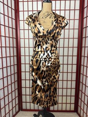 Y2K Cache Leopard Print Bodycon Ruched Shot Sleeve Cocktail Evening Dress